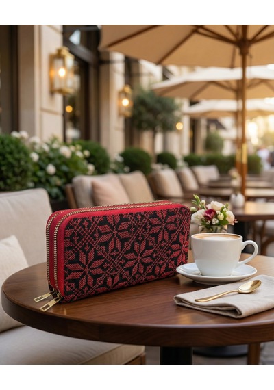 Zaytoon Filistin Geleneksel Kırmızı Nakışlı Çift Fermuarlı Kadın Büyük Cüzdeni 20 X 10 Cm A100026 Kirmizi