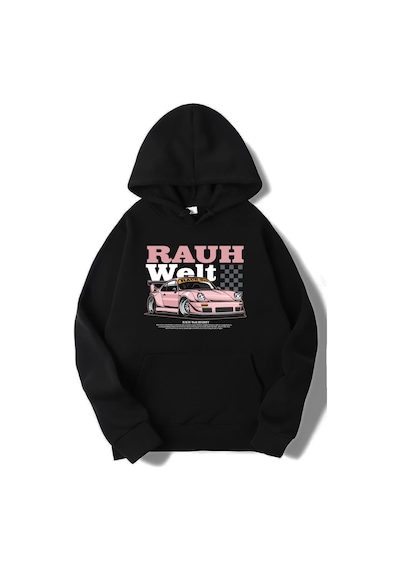 Brz Collection Unisex Oversize Rauh-welt Porsche Hoodie Siyah