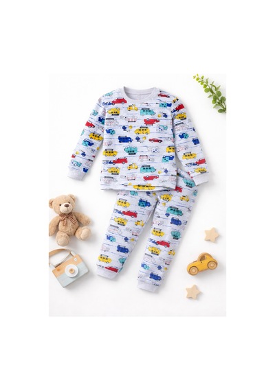 Free Beka Araba Desenli Erkek Çocuk Uzun Kollu Pamuklu Alt Üst Pijama Takımı Gri