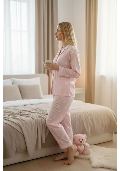 Burcumay Kadın Kalpli Desenli Süet Gömlek Yaka Uzun Kol Pembe Kışlık Pijama Pembe