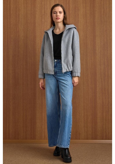Olcay Kapüşonlu Beli Lastikli Oversize Kısa Kaban Açık Gri 3162