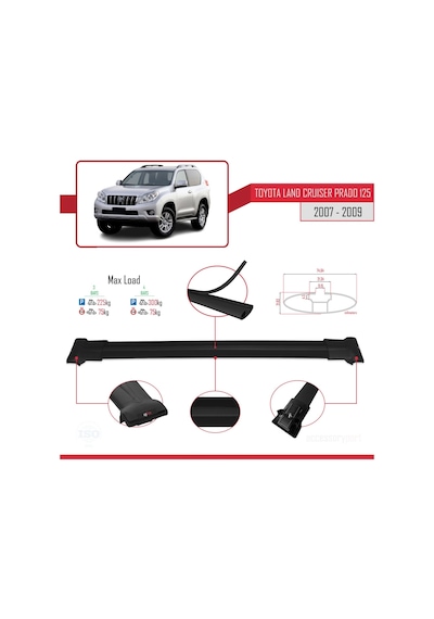 Toyota Land Cruiser Prado J125 2007-2009 Arası İle Uyumlu Fly Model Ara Atkı Tavan Barı Siyah 3 Adet Bar