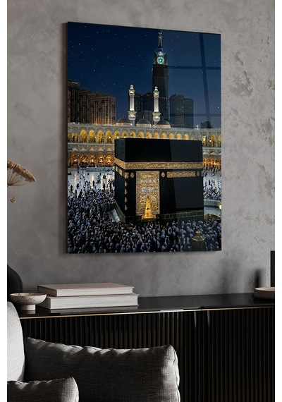 Kabe Cam Tablo 4 Mm Temperli Cam Mekke Gece Manzarası Dekoratif Duvar Tablosu
