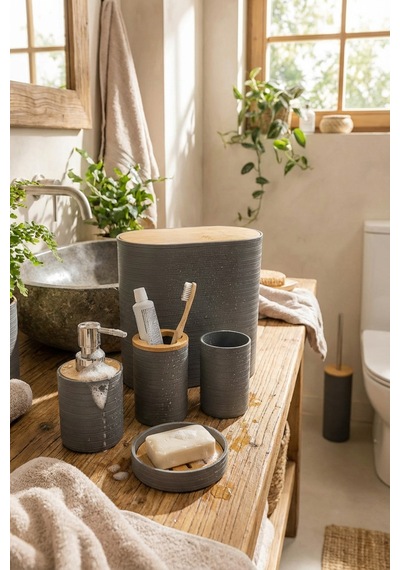 Makri Home 6'lı Banyo Seti, Bambu Kapaklı, Gri, Oval, 8 Litre Gri