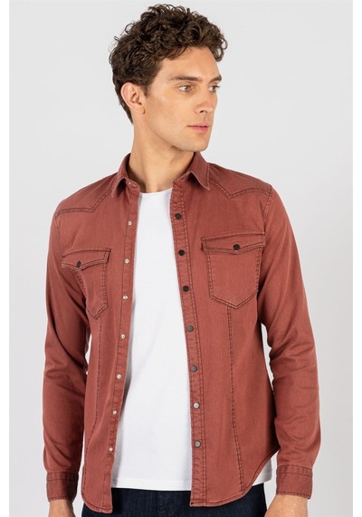 Tudors Slim Fit Dar Kesim Uzun Kol Erkek Kot Gömlek-20958 Bordo