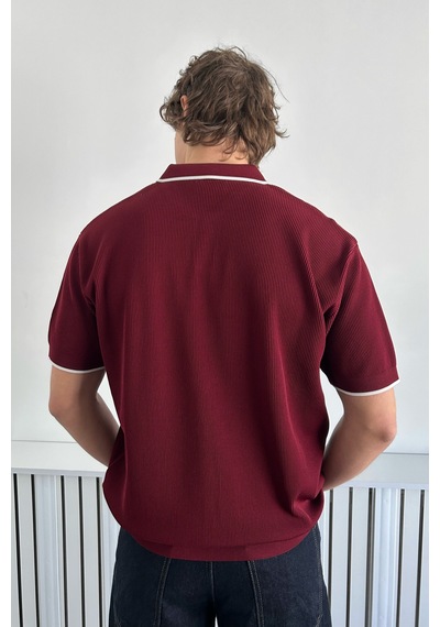 Erkek Oversize Selanik Polo Yaka Triko T-shirt Bordo