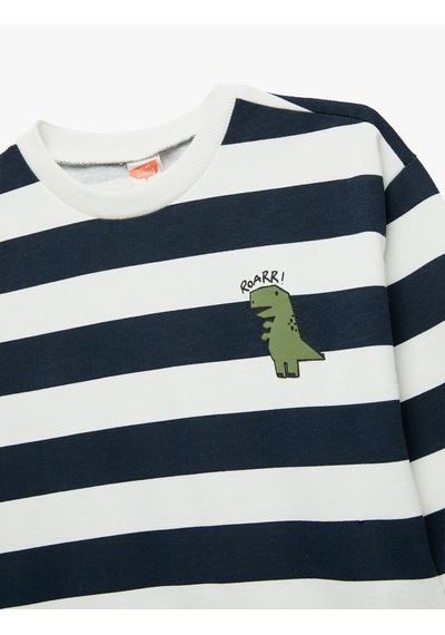 Koton Uzun Kollu Bisiklet Yaka Şardonlu Pamuklu Çizgili Sweatshirt Lacivert Çizgili 7wmb10019tk