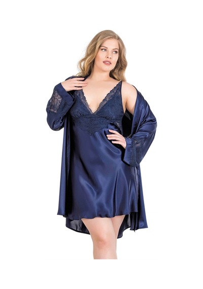 Aria's Closet Arias Closet Büyük Beden Lacivert Kısa İkili Saten Sabahlık Gecelik Takımı Lacivert