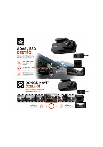 Bagajon 4k Pro Ultra Hd Wifi Gps Adas Araç İçi Kamera Yapay Zeka, Gece Görüşü, G-sensör, 24 Saat Park Modu, Ön + Arka Kamera