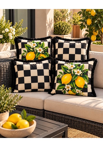 Damalı Limon Desenli 4 Lü Saçaklı Kırlent Kılıfı 45 x 45