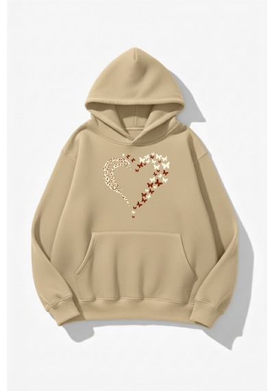 Uyguntarz Unisex Yumuşak Dokulu Kelebek Leoparlı Kalp Baskılı Tasarım Oversize 3 İplik Hoodie Sweatshirt Bej