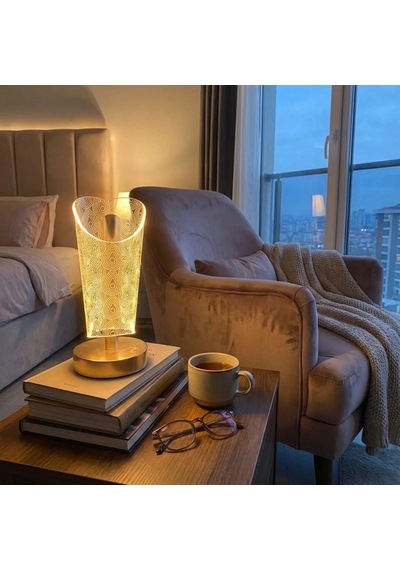 Açık Silindirik Kristal Damla Model Led Masa Lambası Gold Tabanlı, Dokunmatik, 3 Renk Işık Modlu, Şarjlı Mo Çok Renkli