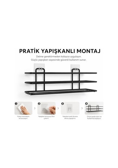Ayrex Alper Banyo Yapışkanlı Siyah 2 Adet Tek Katlı Düz Şampuanlık Tş01, Delmeye Son, Matkap Vida Yok Genel