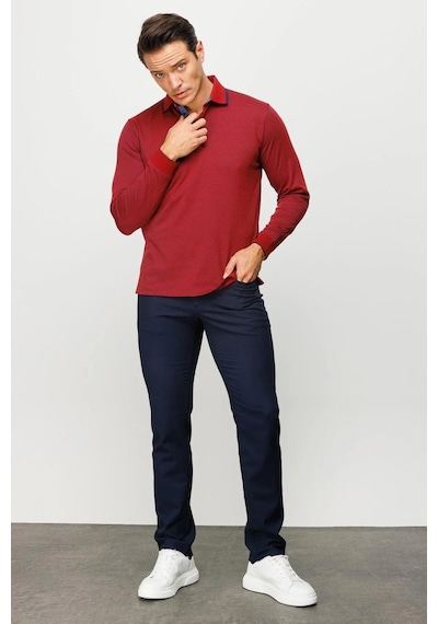 Desen Triko Erkek Polo Yaka Kare Desenli Uzun Kollu Sweatshirt Bordo Bordo