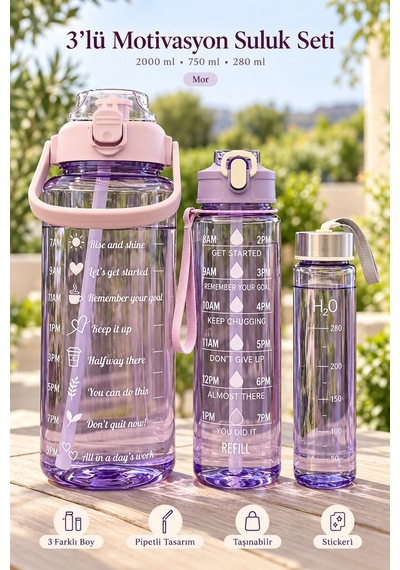 Madamev 3lü Motivasyonel Suluk Matara Seti 2000+750+280ml Pipetli Sticker Askılı Spor Okul Su Şişesi Mor