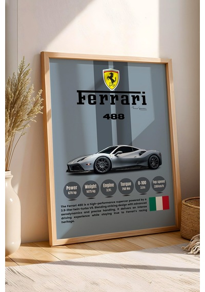 Ferrari 488 Premium Süper Araba Tablosu - Teknik Özellikli İtalyan Otomobil Duvar Dekoru Kayın