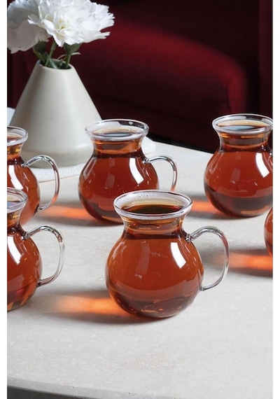 Keyf-i Ala 6'li Borosilikat Cam Kulplu Çay Bardağı Seti - Isıya Dayanıklı Şeffaf Cam 320 Ml Çok Renkli
