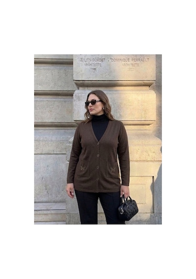 Onno Style Women Cebi Kelebek Taşlı Çelik Örgü Klasik Triko Ceket Kahverengi