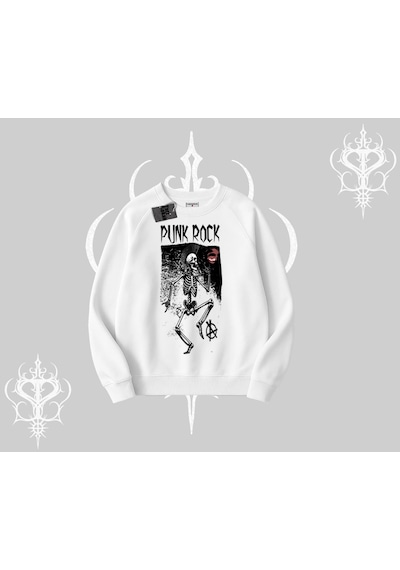 Biskilet Sweatshirt Punk Rock Chaos Skeleton Riot Beyaz