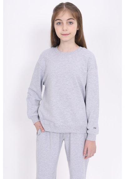 Kız Çocuk Relax Fit Bisiklet Yaka Baskılı Sweatshirt - 2 İplik Gri Melanj