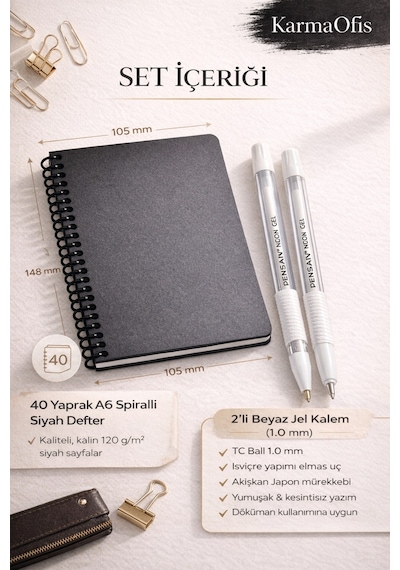 Siyah Sayfalı A6 Defter + 2 Li Beyaz Jel Kalem Seti Premium Yazım Deneyimi Siyah