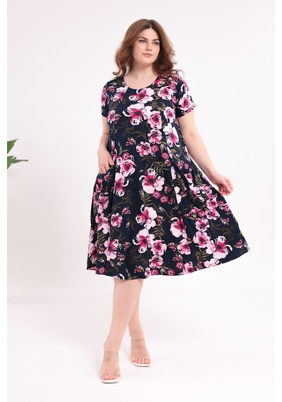 Madwilo Kadın Lacivert Pembe Floral Desen Cepli Salaş 42-54 Uyumlu Standart Beden Esnek Elbise