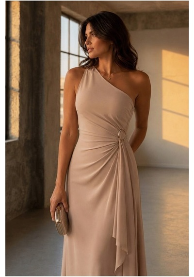 Lior Design Kadın Sade Tek Omuz Kemerli Maxi Abiye Elbise Bej