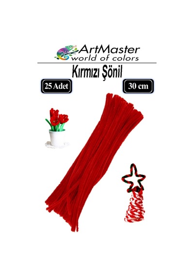 Şönil Kırmızı 30 Cm 25 Li 1 Paket Renkli Tüylü Tel Şönil Pipo Temizleyici Okul Öncesi Anasınıfı Kreş Hobi Eğitici