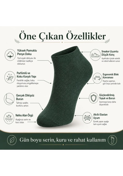Genel Erkek Pamuklu Patik Çorap 12'li 39-44 Dikişsiz Burun, Koku Karşıtı, Nefes Alan Snea Haki / 39-44