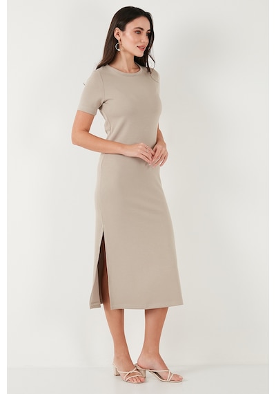 Lela Regular Fit Bisiklet Yaka Yırtmaç Detaylı Midi Bayan Elbise 5866165 Taş