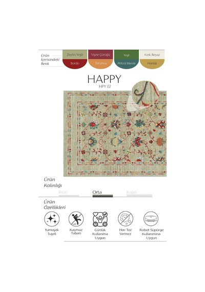 Cool Halı Happy Zeytin Yeşili Halı Çiçekli Vintage Kaymaz Otantik Modern Salon Oturma Odası Halısı Yeşil