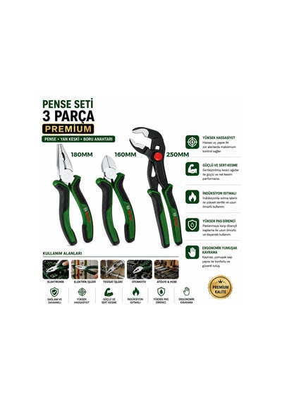 3 Parça Premium Pense Seti - 10 İnç Papağan, 7 İnç Pense, 6 İnç Yan Keski