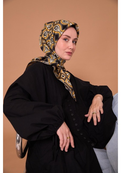 Twill İpek Eşarp 11470-31 Siyah, Yanık Sarı, Gri, Antrasit