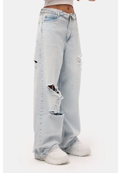 Kadın Ice 12s6-100 Straight Fit Kemer Detaylı Özel Tasarım Denim Jean Buz Mavi