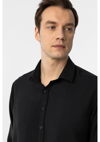 Süvari Siyah Slim Fit Düz Klasik Yaka Gömlek-34097 Siyah