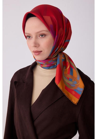Belli Obje Desen İpek Twill Eşarp - 2026 İlkbahar-yaz T 4300 Kırmızı