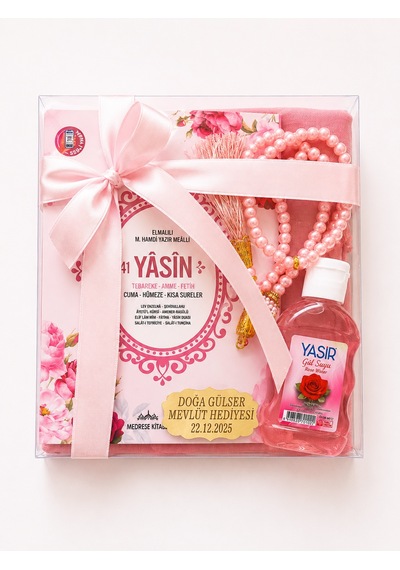 Bilenler Mevlit Hediye Seti İsim Baskılı- Eşarp İnci Tesbih Gül Suyu Özel Kutulu Set Pembe