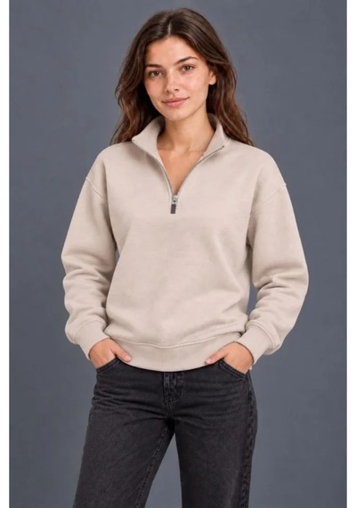 Butik İstanbul Üç İplik İçi Şardonlu Dik Yaka Yarım Fermuarlı Kışlık Sweatshirt - Bej