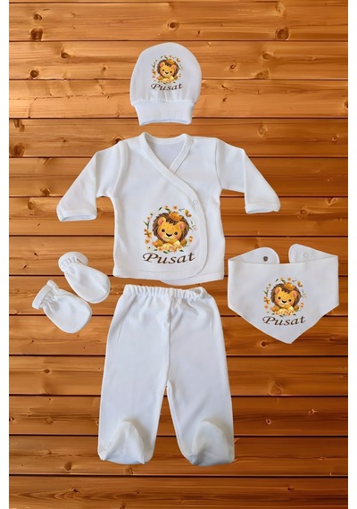 Cucul %100 Pamuk Baskılı 5 Li Isimli Organik Bebek Hastane Çıkışı Beyaz