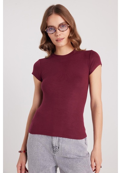 Tudors Kadın Regular Fit Klasik Kesim Bisiklet Yaka Viskon Kumaş Ultra Soft Bordo Tişört-37793 Bordo