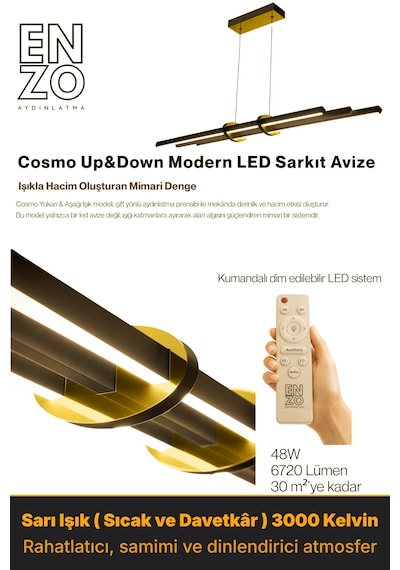 Cosmo Gold Lineer Led Sarkıt Avize Kumandalı Dim Edilebilir Yukarı & Aşağı Işık Sarı Işık
