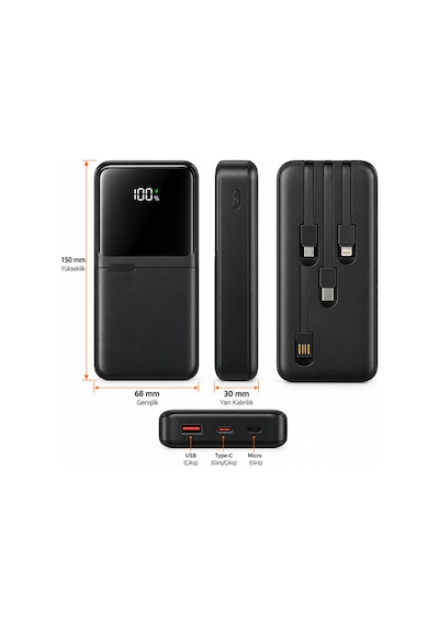 20000 Mah 22.5w Hızlı Şarj Powerbank Dahili Type-c Ve Lightning Kablolu Dijital Göstergeli- Re-ck083 Diğer