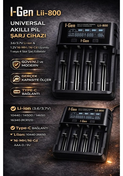 Batteries Lii-800 Akıllı Li-ion Pil Şarj Cihazı, Type-c Girişli, Lcd Ekranlı, 4 Slot Şarj, Li-ion & Ni-mh Uyumlu 18650/21700 / Aa/aaa