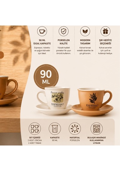 Art Porselen Espresso Fincan Takımı, 2'li Set, 90 Cc, Kahve Temalı Botanik Desenli Bej Diğer