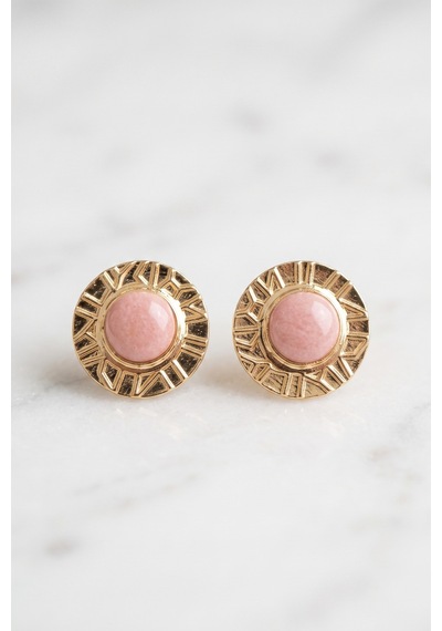 Pembe Mineli Çizgili Vintage Küpe Renkli