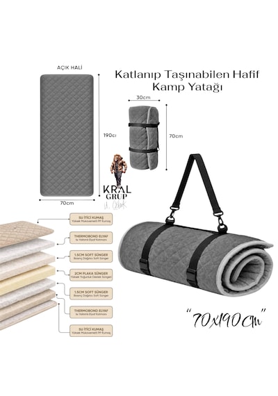 Taşınabilir Katlanır Outdoor Matı, Katlanır Yatak, Karavan Kamp Yatağı Anne Yanı Deprem Yatağı 70 190 Tek Kişilik Antrasit - Gri