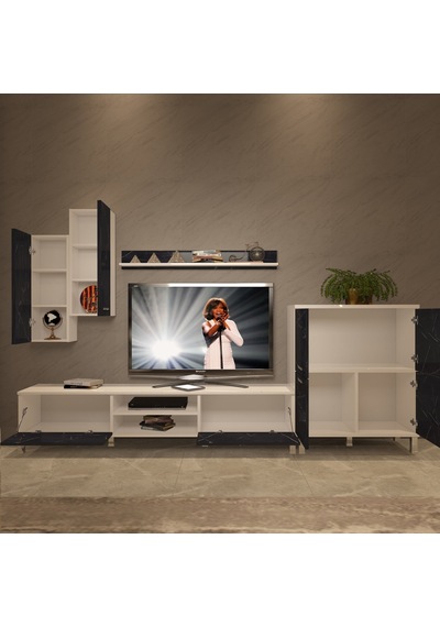 Decoraktiv Eko 6 Mdf Dvd Krom Ayaklı Tv Ünitesi Tv Sehpası Beyaz - Siyah Mermer
