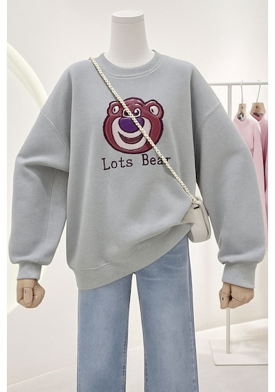 Benroma 3 İplik Penye Lost Bear Baskılı Unisex Sweatshırt Gri