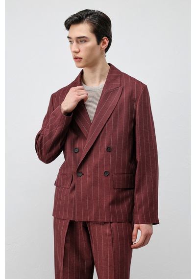 Antioch Keten Karışımlı Çizgili Erkek Blazer Ceket Bordo
