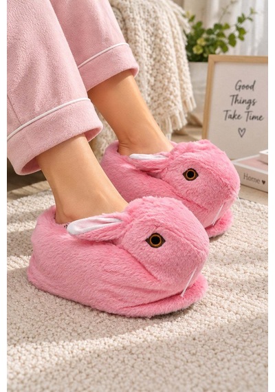 Modafocus Sevimli Tavşan Figürlü Peluş Kadın Ev Pandufu - Pembe Pembe